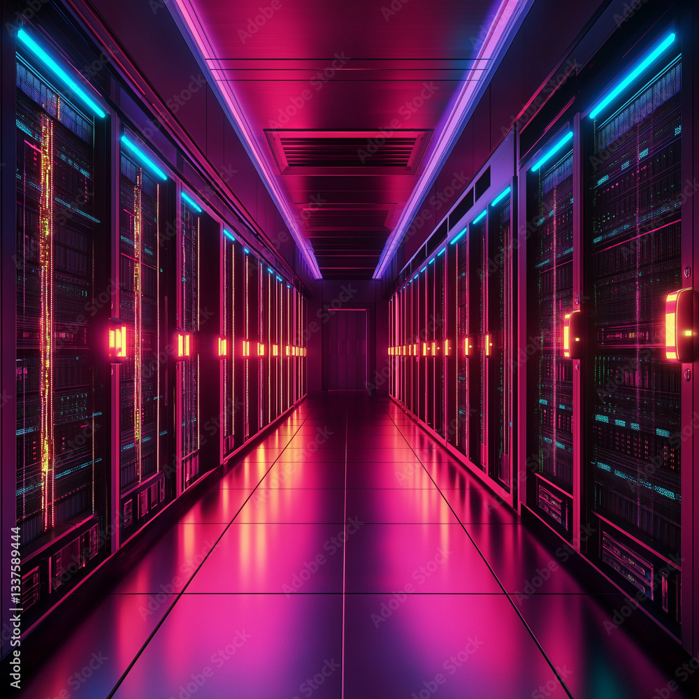 Fototapeta premium Glowing Neon Server Racks in Futuristic Data Center. High-tech digital infrastructure, network 