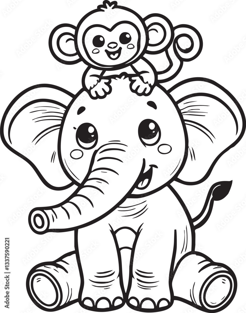 Obraz premium Baby elephant with monkey on its head, both smiling adorably