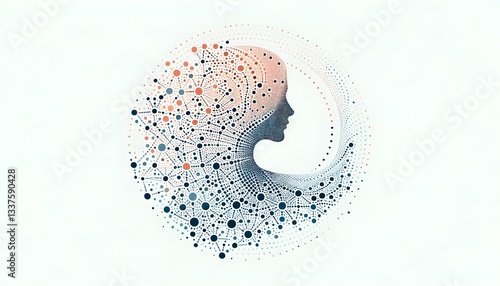 Symbolic depiction of neural connectivity featuring a head silhouette with a circular pattern of connected dots and lines, placed on a light backdrop for abstract themes