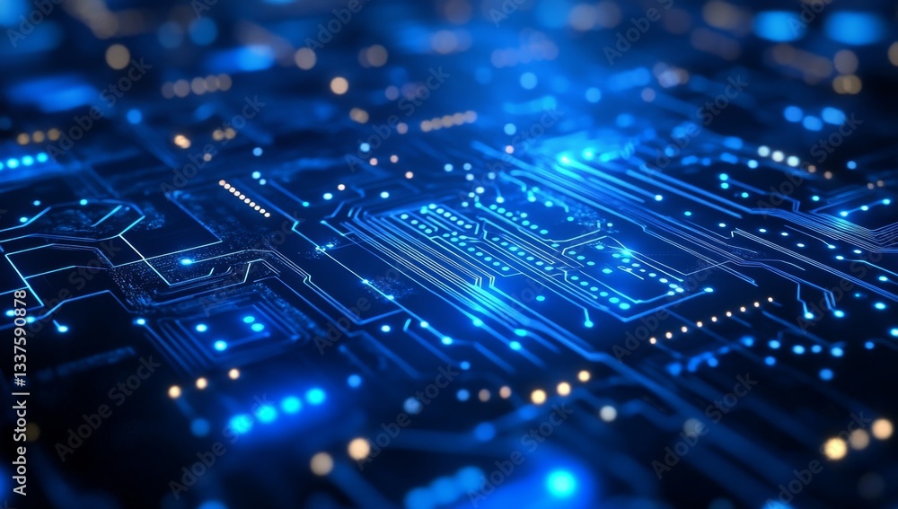High-tech circuit board with glowing blue pathways High-tech circuit board with glowing blue pathways