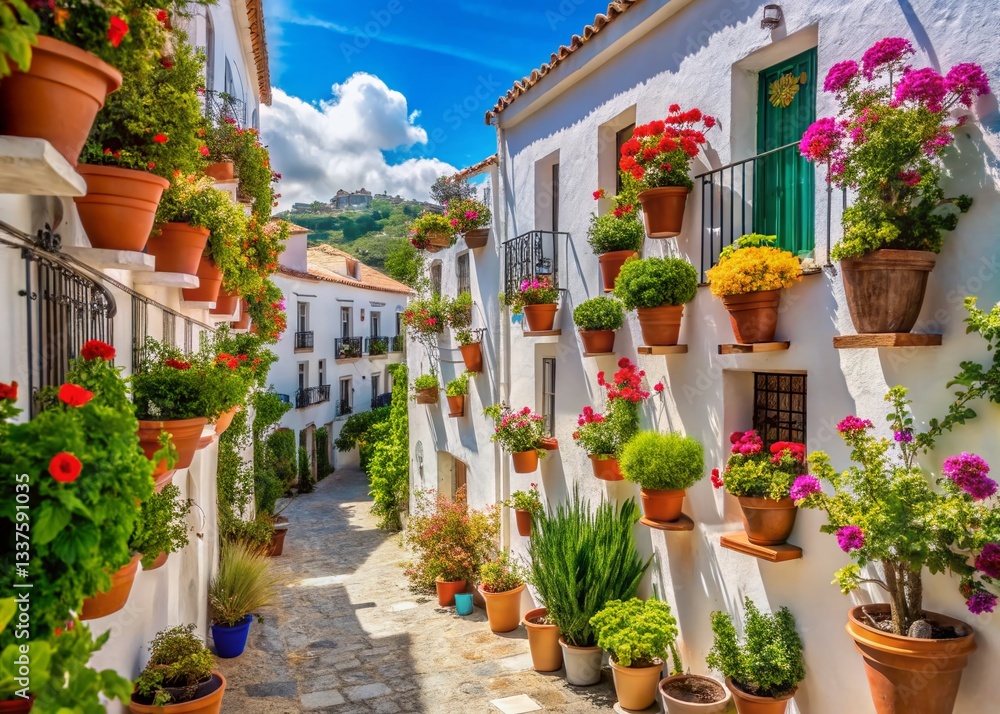 Colorful Potted Plants Adorn Whitewashed Houses in Mijas, Spain