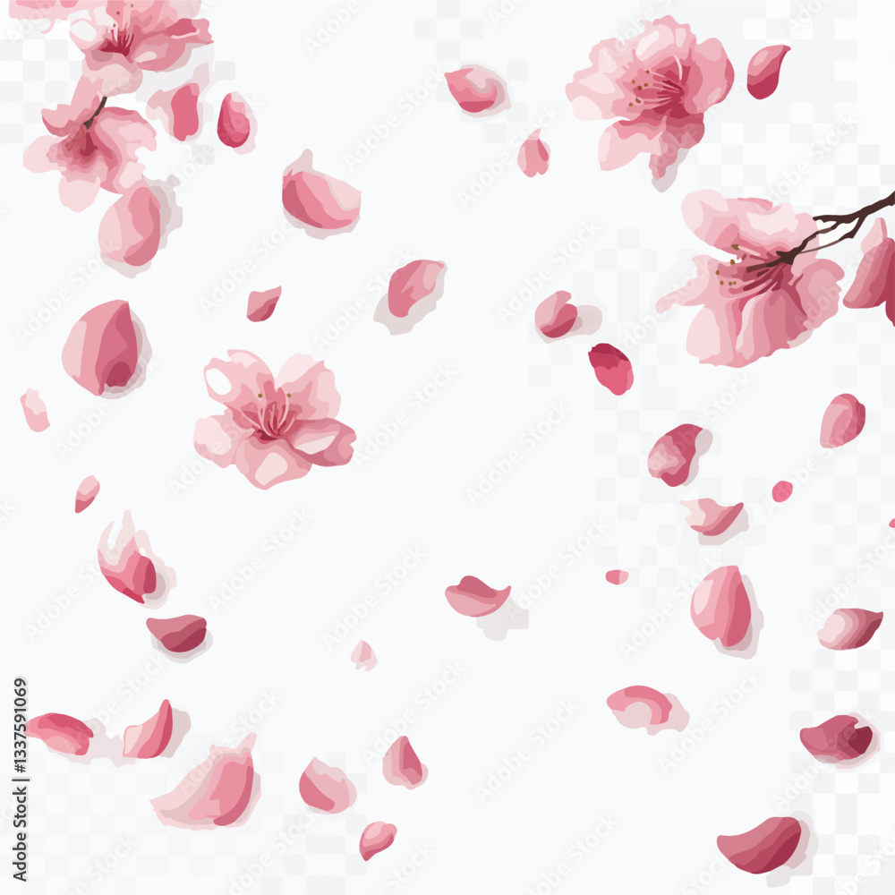 Sakura Blossom Branch with Falling Petals and Flowers Sakura Blossom Branch with Falling Petals and Flowers