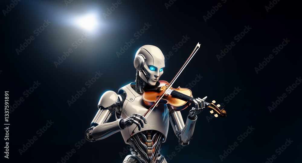 Naklejka premium A futuristic robot with glowing blue eyes plays a wooden violin under a bright spotlight against a dark background.