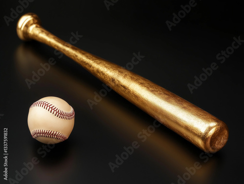 Gold baseball bat and ball isolated on black background