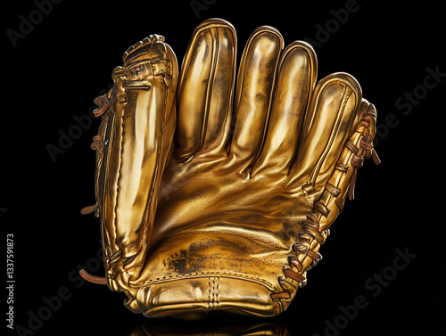 Gold baseball glove isolated on black background