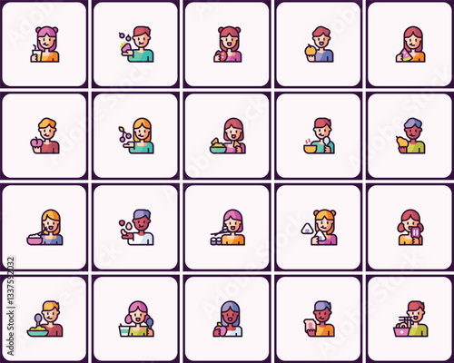 Diverse group of people enjoying various foods in a playful icon set