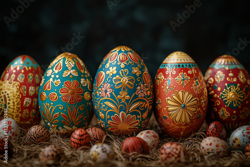 Close-up shot of beautifully decorated pysanka egg showing detailed craftsmanship. Concept of Ukrainian heritage.