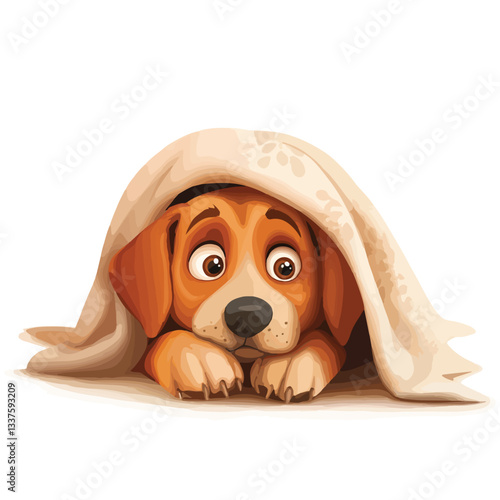 Scared Dog Hiding Under Blanket Vector Illustration