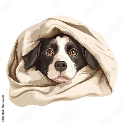 Scared Dog Hiding Under Blanket Vector Illustration