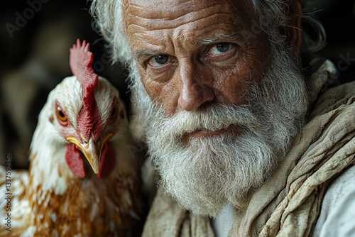 Obraz na płótnie Actor playing Peter denies knowing Jesus three times before rooster crows loudly nearby. Concept of memorized lines. w salonie