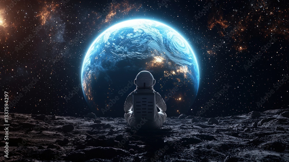 Astronaut meditating on moon, Earth in background. Astronaut meditating on moon, Earth in background.