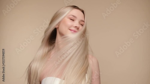 Beautiful woman with blond healthy hair on beige background. Hair beauty.