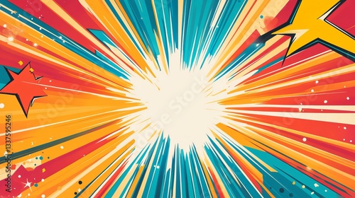 Comic bright background featuring vibrant halftone dots, dynamic speed lines, and explosive pop art elements in a bold color palette, perfect for retro-inspired digital designs, graphic novels, and ey