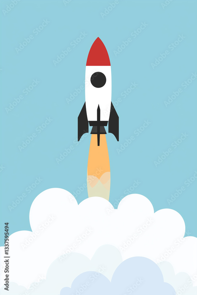 Fototapeta premium Retro rocket blasting off through clouds on a colorful backdrop