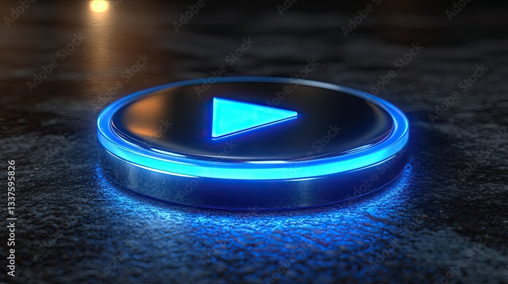 Play button, glowing blue, metallic Play button, glowing blue, metallic