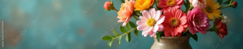 Fototapeta premium Close-up of assorted spring flowers in a rustic ceramic vase, spring, fresh, assorted