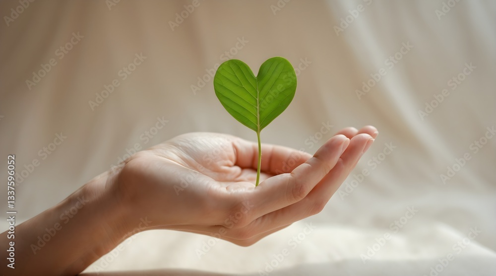 a little heart-shaped green sprout growing from a hand, space for copy a little heart-shaped green sprout growing from a hand, space for copy