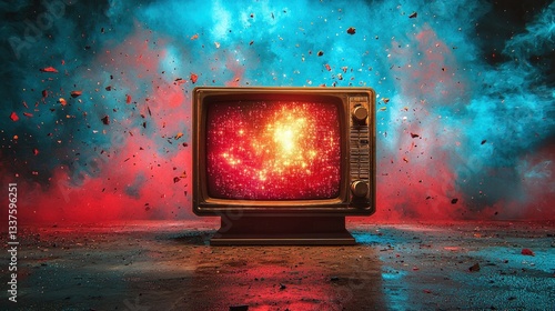 Retro TV screen showing cosmic explosion, surrounded by vibrant smoke and debris.