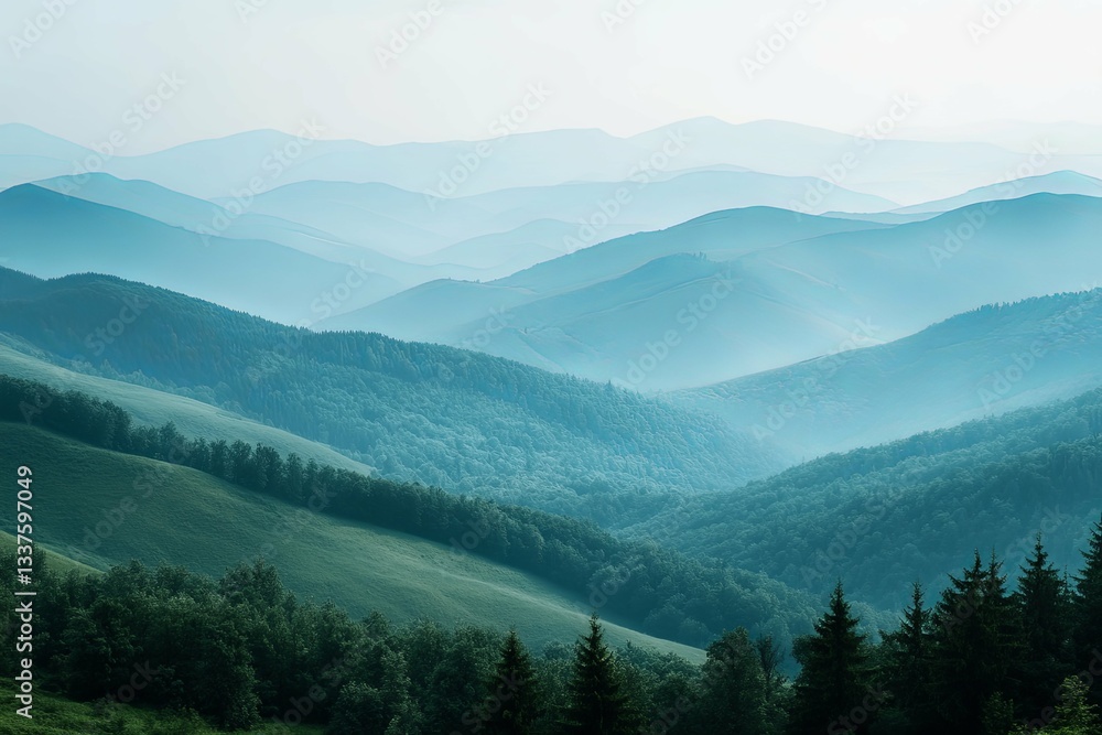Obraz premium A layered landscape featuring mountains forests and atmospheric haze