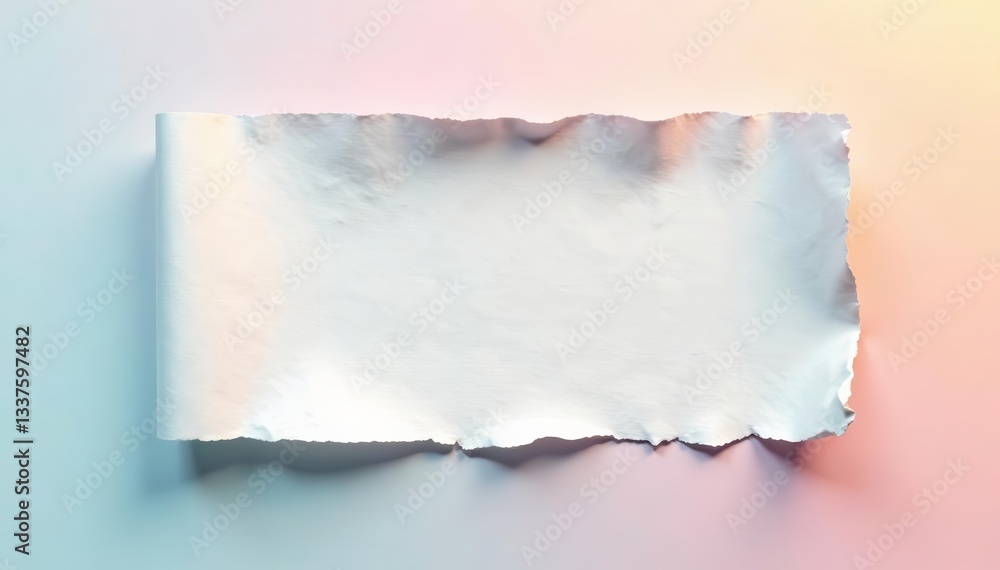Fototapeta premium Close-up of torn white paper piece casting shadow, damaged, blank space, torn surface
