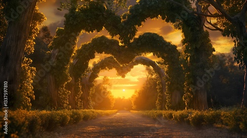 Sunset Path Through Heart-Shaped Tree Archways