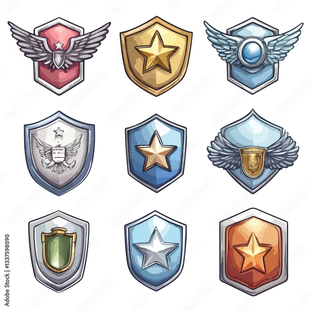 Obraz premium Collection of Military Insignia Rank Badges on White Background