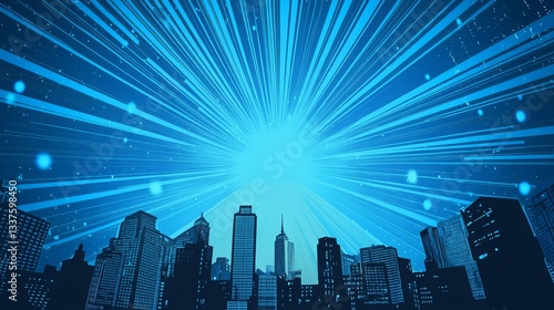 Comic book explosion background with dynamic radial blue burst and black city silhouette, featuring retro pop art style with halftone dots and energetic motion lines for superhero-themed designs and a
