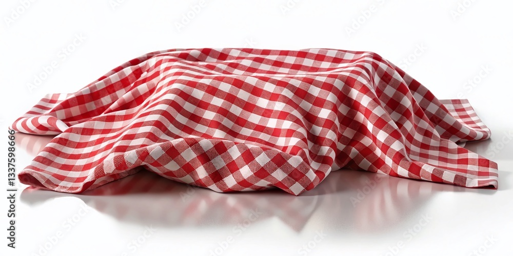 Crumpled Checkered Tablecloth, Top View, Isolated White Background - Stock Photo Crumpled Checkered Tablecloth, Top View, Isolated White Background - Stock Photo