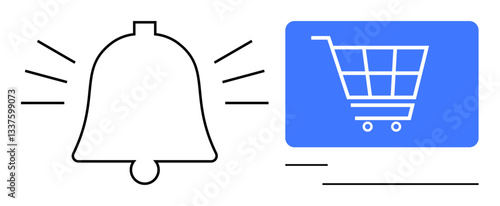 Bell icon signaling notifications next to a shopping cart icon for online purchases. Ideal for e-commerce, notifications, shopping, sales alerts, marketing, online retail, communication. Flat simple