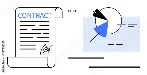 Signed contract beside pie chart analysis, emphasizing data evaluation, legality, and collaboration. Ideal for business, finance, partnerships, contract management, data interpretation agreements
