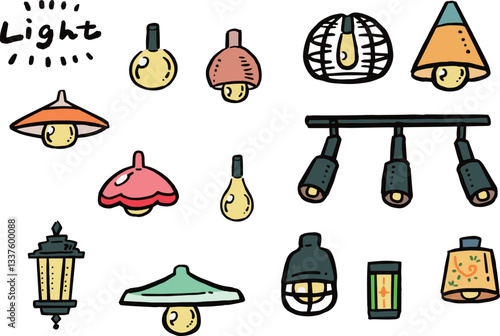 いろいろな電気、電灯、ランプの手描き風イラストセット