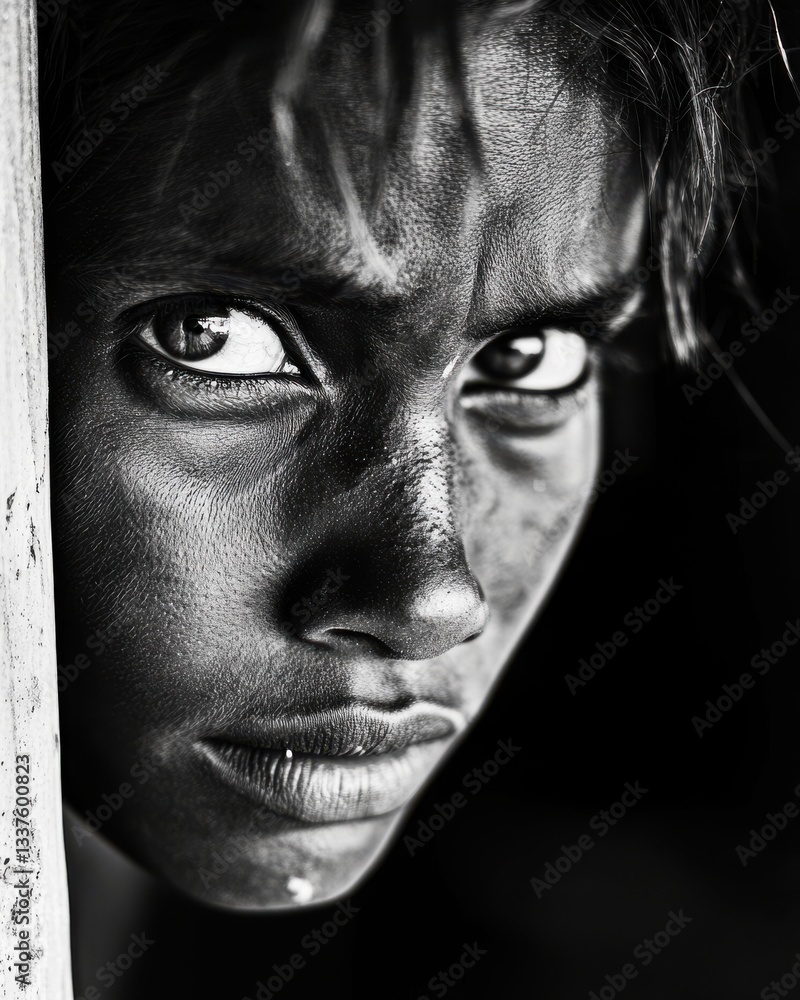 Close-up black and white portrait of a young person with intense eyes Close-up black and white portrait of a young person with intense eyes