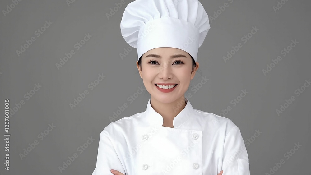 Smiling woman in chef's whites and toque posing against a neutral background. Smiling woman in chef's whites and toque posing against a neutral background.