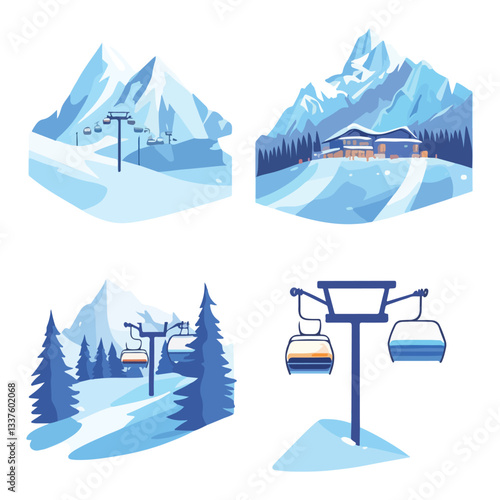 Ski Resort Landscape Posters Set with Snowy Peaks