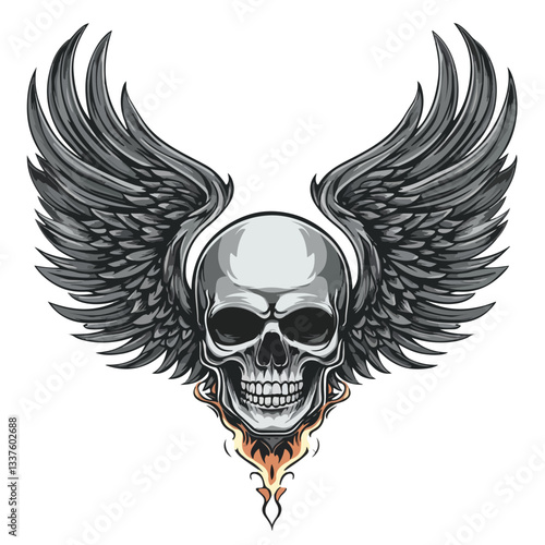 Skull Wings Fire Flames Vector Illustration with Wing