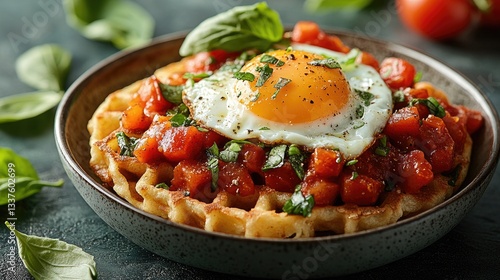 Savory waffle topped with fried egg and tomato salsa