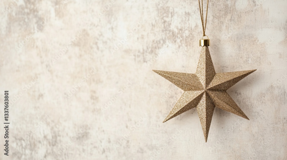 a gold star ornament hanging against a textured background. a gold star ornament hanging against a textured background.