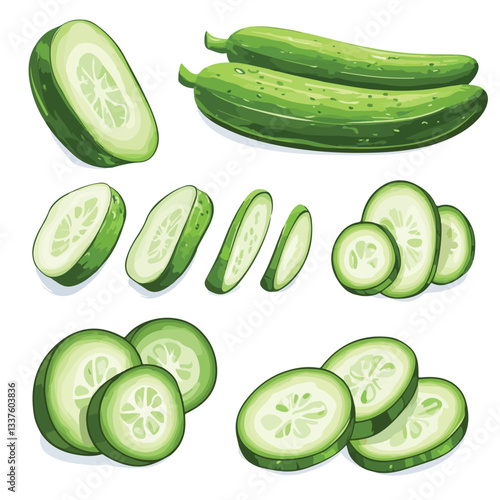 Fresh Sliced Chopped Cucumber Cartoon Vector Set