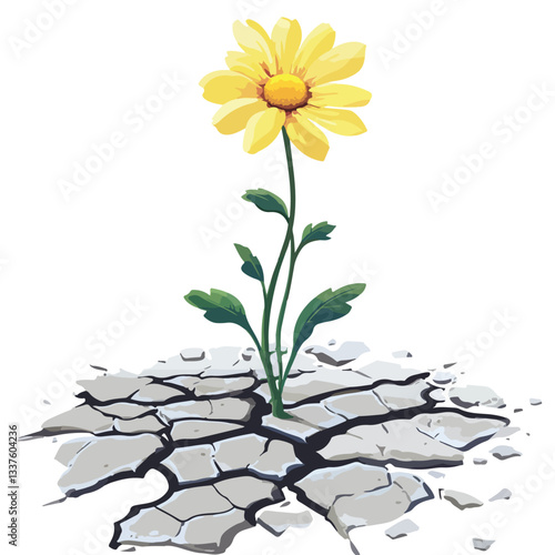 Small Flower Growing on Cracked Street - Vector Illustration