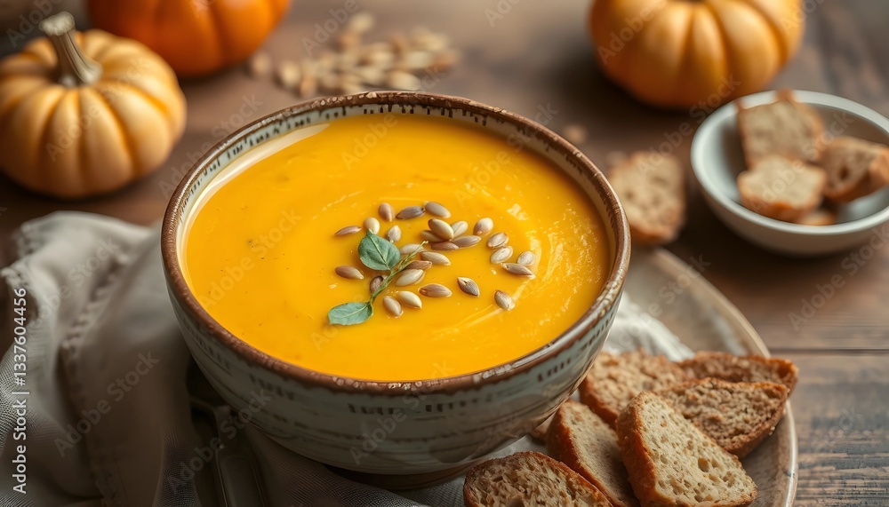 Serving of Homemade Pumpkin Soup with Croutons and Roasted Seeds Serving of Homemade Pumpkin Soup with Croutons and Roasted Seeds