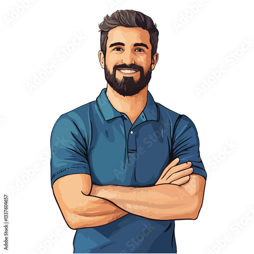 Smiling Bearded Man in Blue Polo Shirt Poses with Confidence