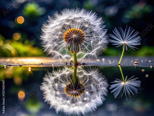 Delicate Dandelion Seed Floating on Dark Water - Garden Pond Nature Photography