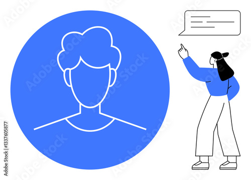Profile avatar highlighted in blue circle next to woman gesturing at speech bubble. Ideal for social interaction, communication, user interface, online identity, profile settings, teamwork, feedback