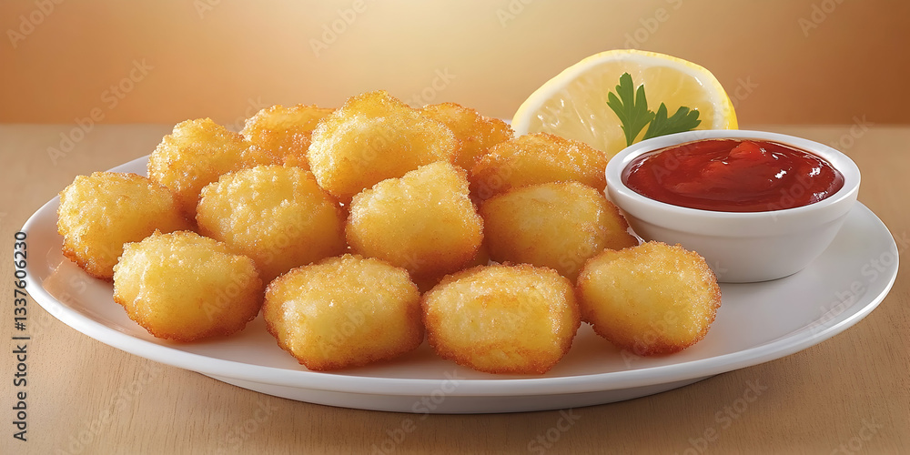 Crispy Golden Battered Appetizers with Lemon Slice and Ketchup Dip on White Plate Crispy Golden Battered Appetizers with Lemon Slice and Ketchup Dip on White Plate