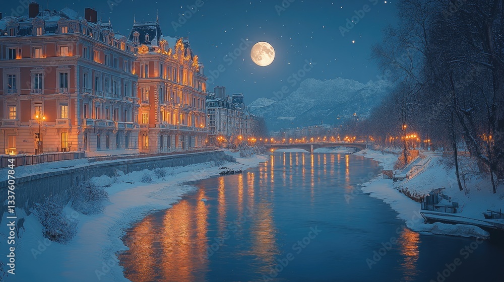 Fototapeta premium Snowy European city at night, illuminated buildings reflecting on a river