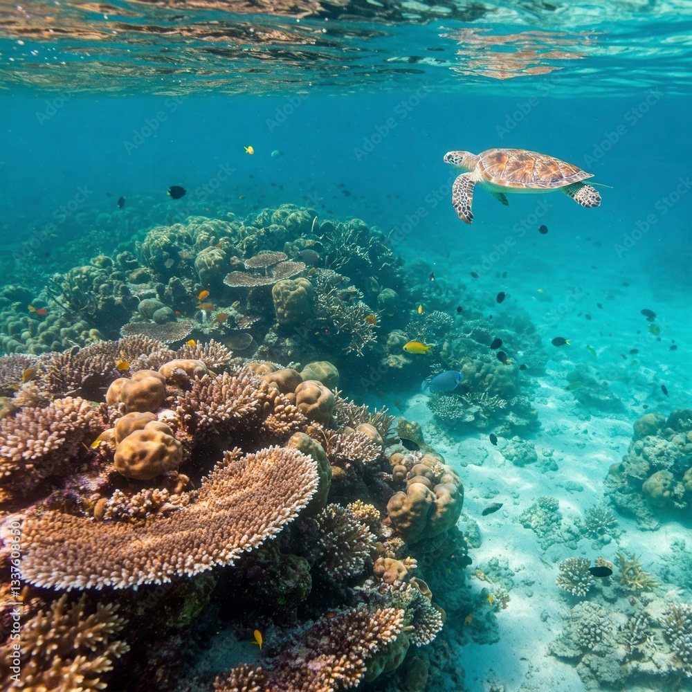 Fototapeta premium An underwater shot of a sea turtle swimming over a coral reef, with the water's surface visible at the top.
