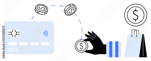 Credit card, coins linking to hand, and shopping bag. Ideal for finance, e-commerce, banking, budgeting, shopping digital payment online transactions. Flat simple metaphor