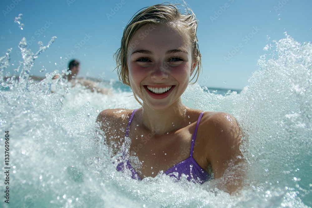 Bright Ñommercial style. Happy tropical trip. Stunning happy and sexy young woman with gorgeous thick short blond hair in purple strapless bandeau enjoying turquoise sea, splashes around her. Bright Ñommercial style. Happy tropical trip. Stunning happy and sexy young woman with gorgeous thick short blond hair in purple strapless bandeau enjoying turquoise sea, splashes around her.