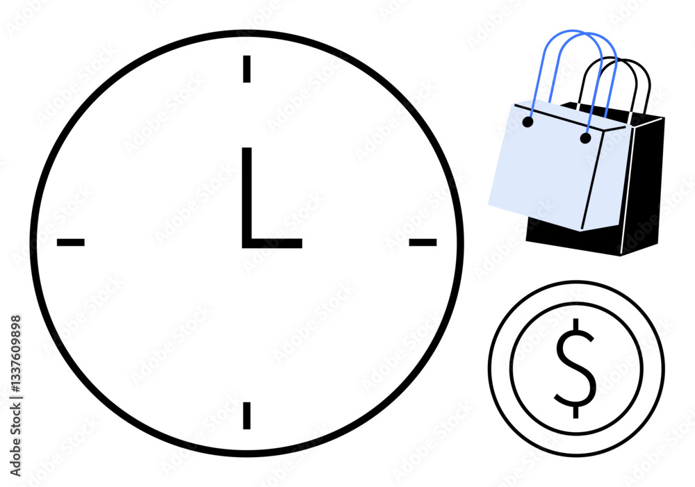 Clock showing noon or midnight, shopping bag with handles, and currency symbol in a circle. Ideal for themes of time management, online shopping, budgeting, financial planning, commerce, retail time Clock showing noon or midnight, shopping bag with handles, and currency symbol in a circle. Ideal for themes of time management, online shopping, budgeting, financial planning, commerce, retail time