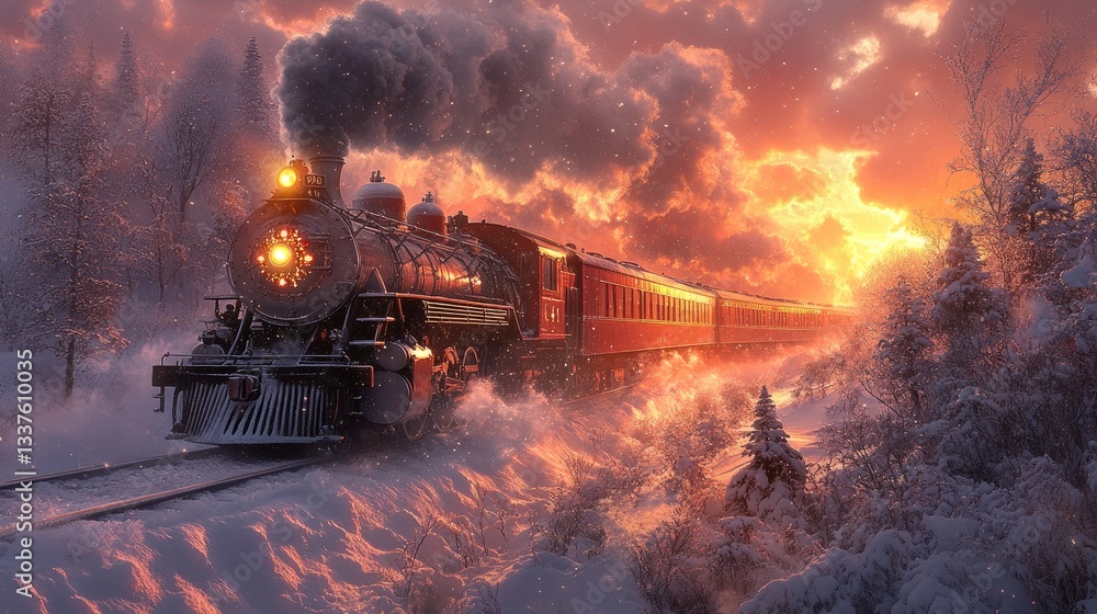 Steam train through snowy winter landscape at sunset Steam train through snowy winter landscape at sunset